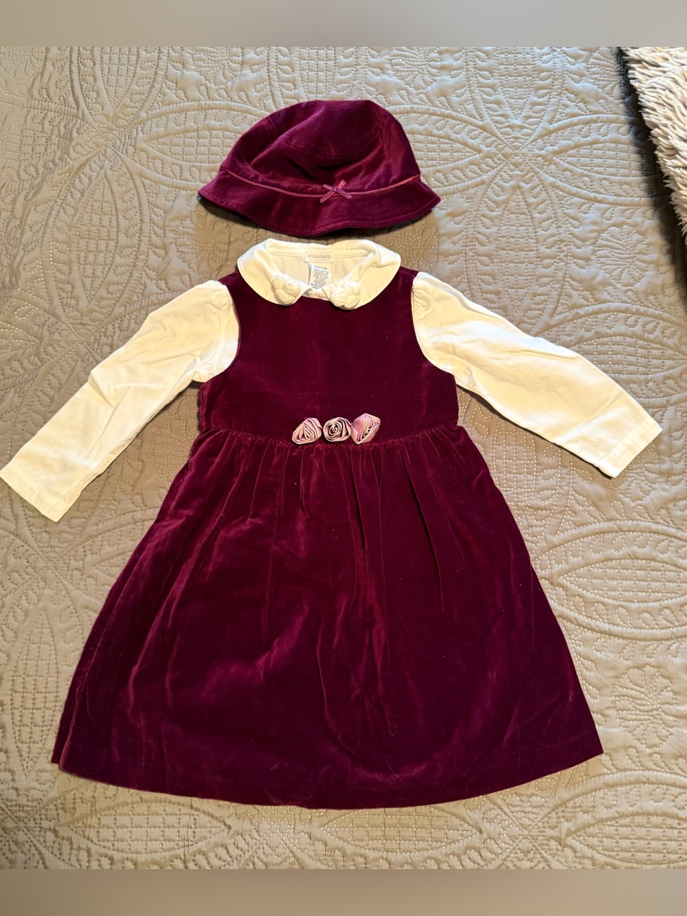 Vintage 1999 Gymboree Fancy Dressy Line Burgundy Velvet Dress & Hat Set